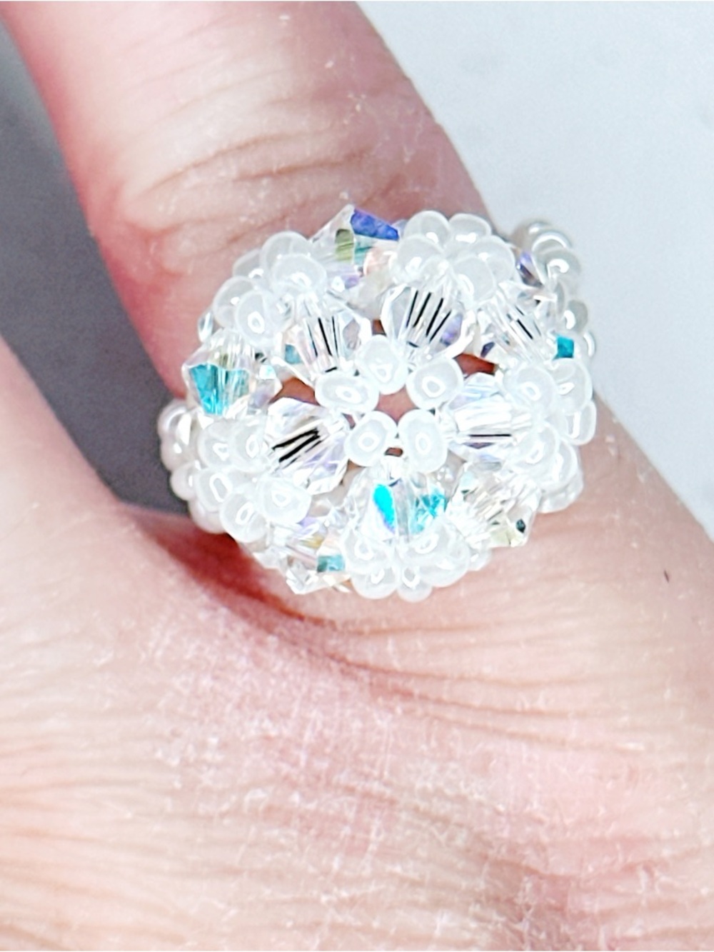 448u. Seed Bead Clear Handmade Ring Size 4